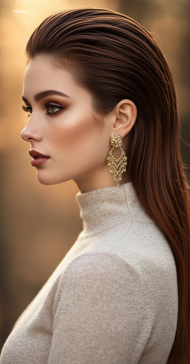 Woman with wet-look side swept hairstyle, wearing diamond necklace, chic evening cocktail party look.