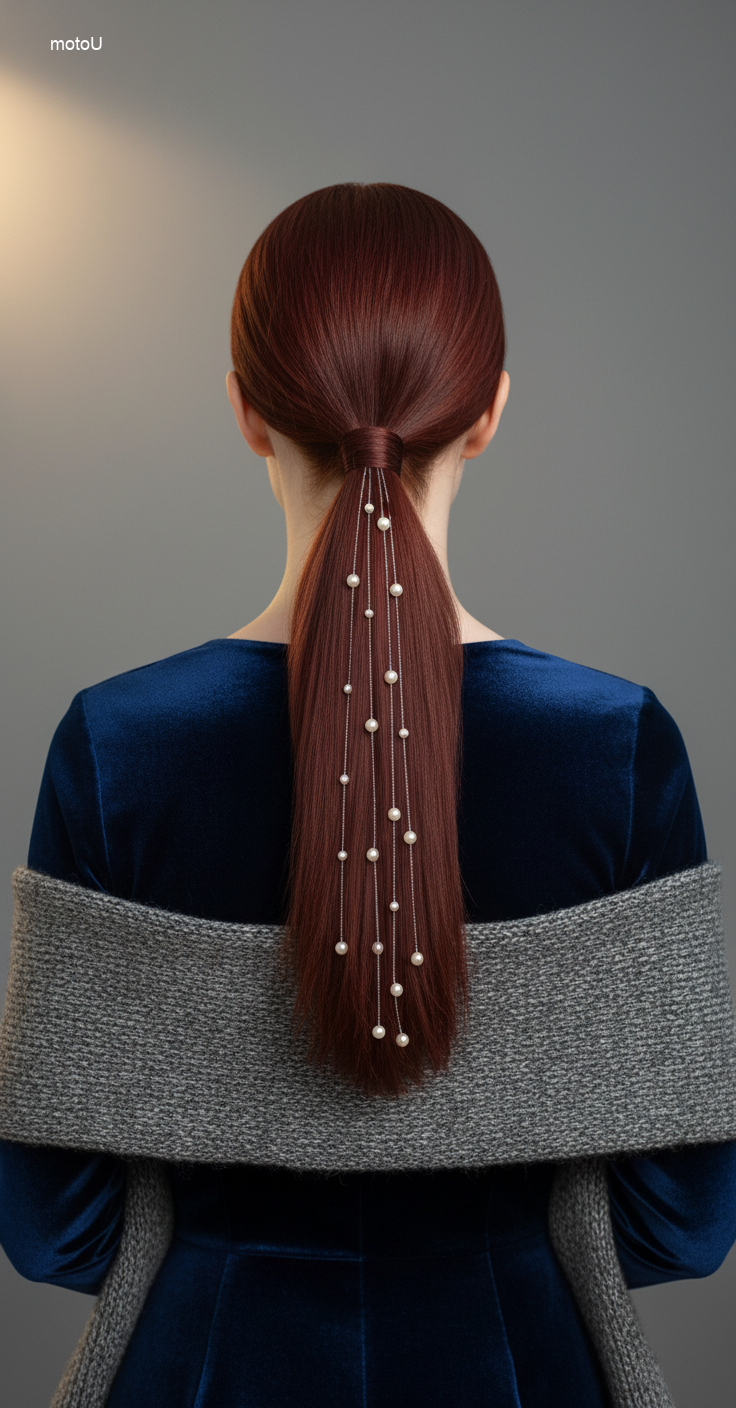 Back view of sleek low ponytail decorated with a line of pearls, elegant hair accessories for 2026 weddings and parties.
