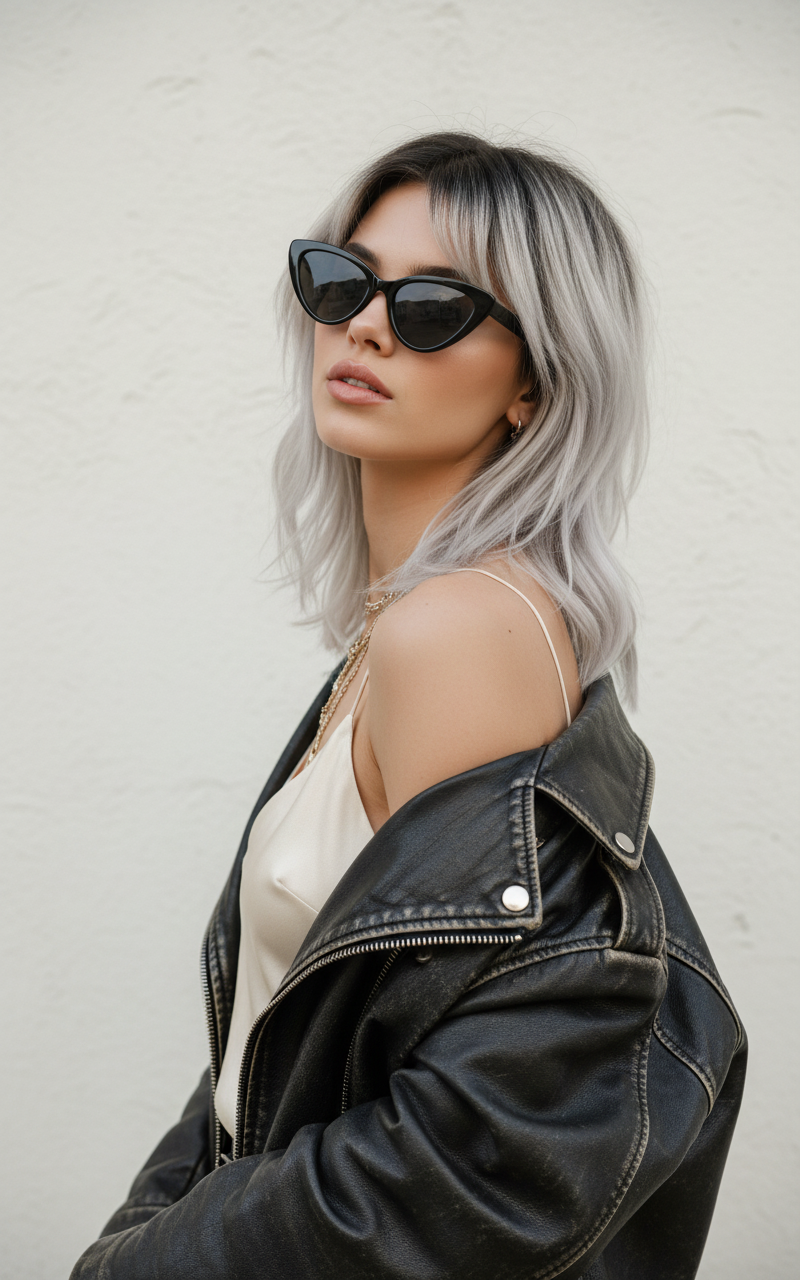 Platinum blonde wolf cut with dark roots, edgy medium hair color ideas.