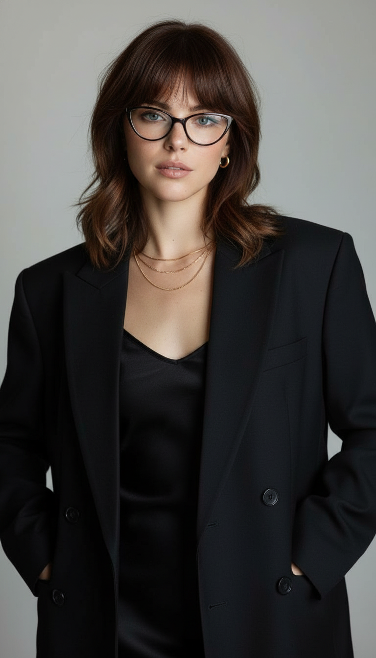 Medium shag haircut with French birkin bangs, effortless parisian hair style.