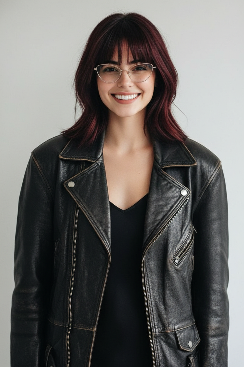 Liquid shag hairstyle with glossy straight hair, razor cut medium layers.