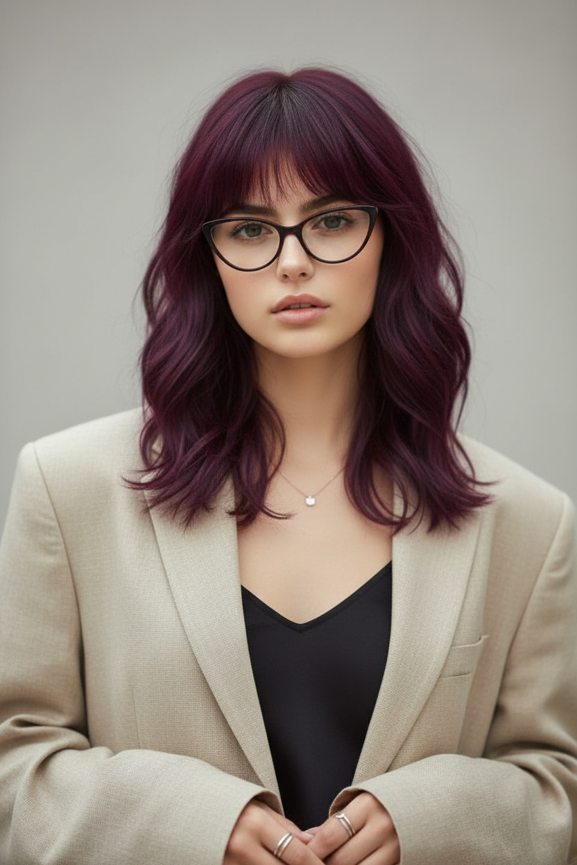Shag haircut with bottleneck bangs, face framing medium hairstyles.