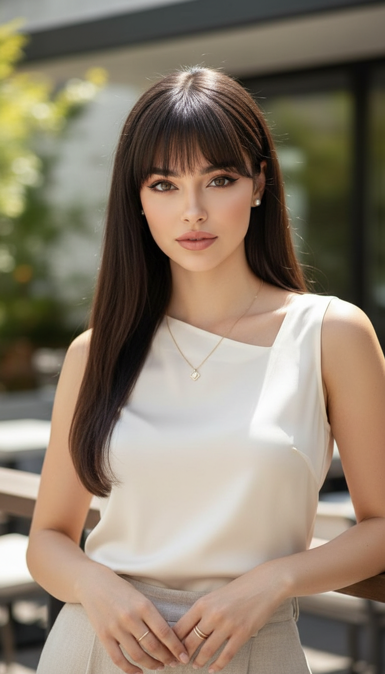 Asian style long dark hair with see-through air bangs, K-pop hairstyle trend.