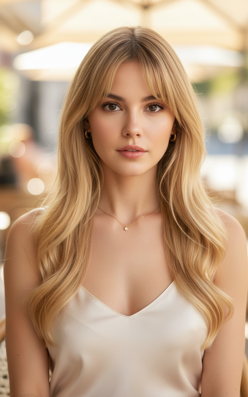 Blonde long hair featuring bottleneck bangs style, face-slimming haircut.