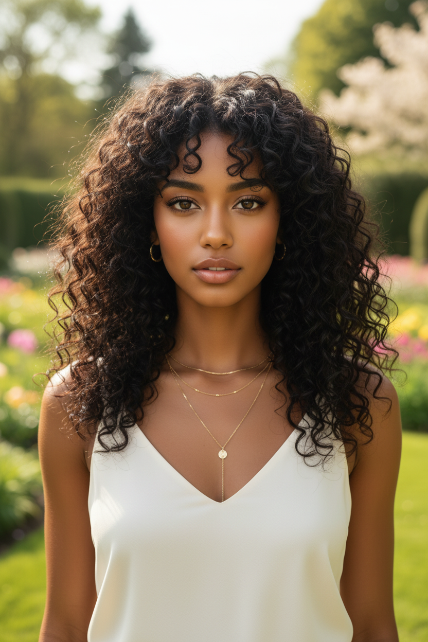 Long natural curly hair with curly bangs, highlighted sun-kissed hair.