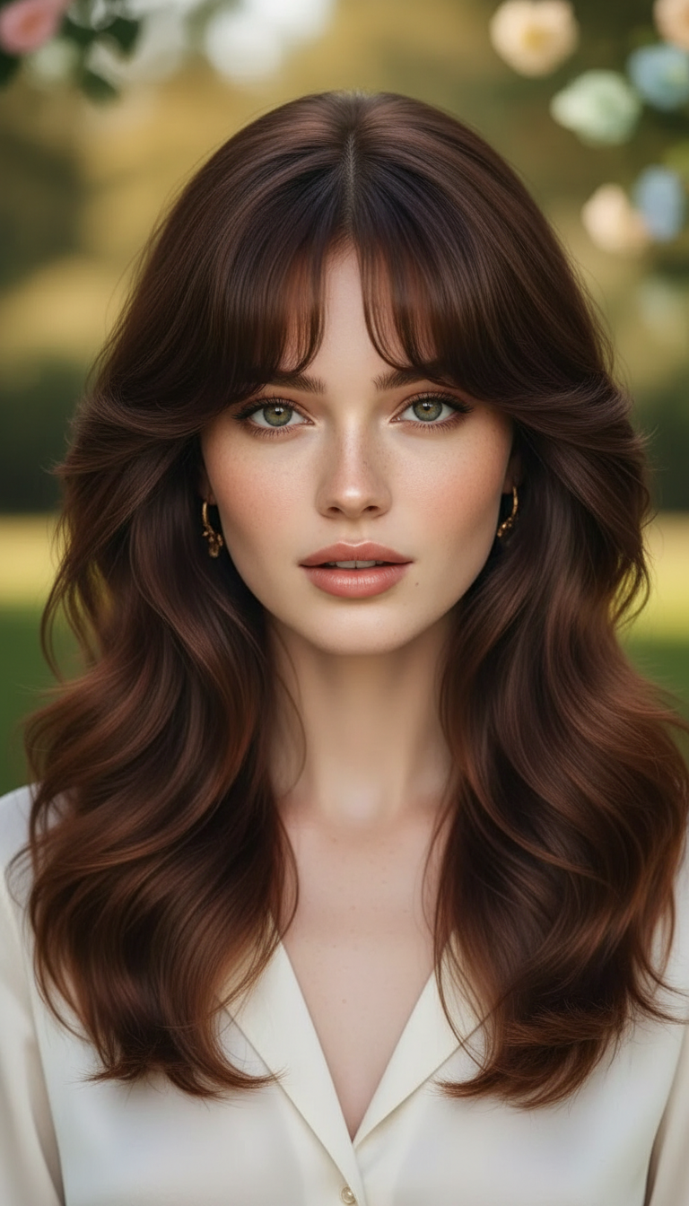 70s inspired long shag haircut with choppy bangs and volume, retro aesthetic.