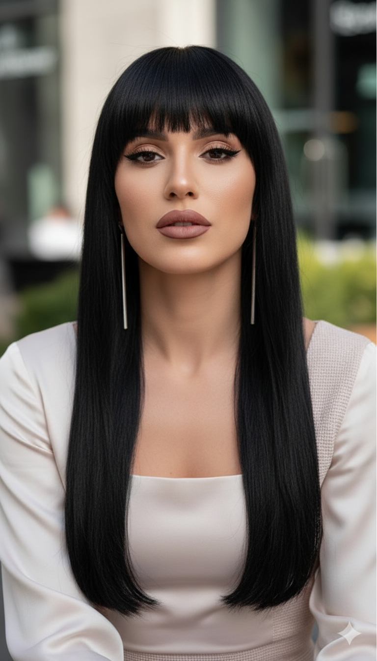 Long sleek straight black hair with thick blunt bangs, edgy fashion look.