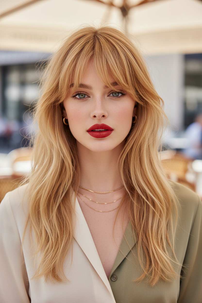 French girl style long hair with wispy see-through bangs, messy chic texture.