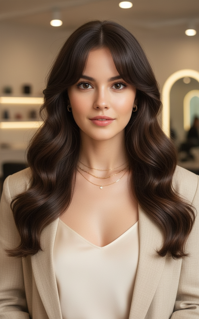 Long brunette wavy hair with soft curtain bangs framing the face, aesthetic salon style.