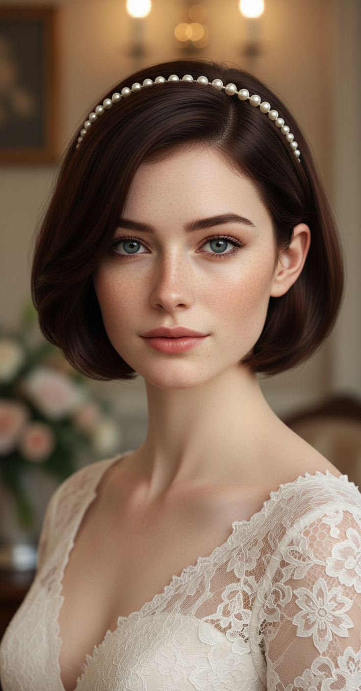 Short bob wedding hair with pearl headband accessory, retro bridal look.