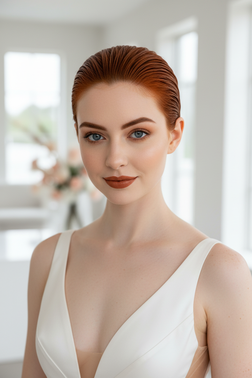 Slicked back wet look wedding hairstyle, edgy fashion forward bride.