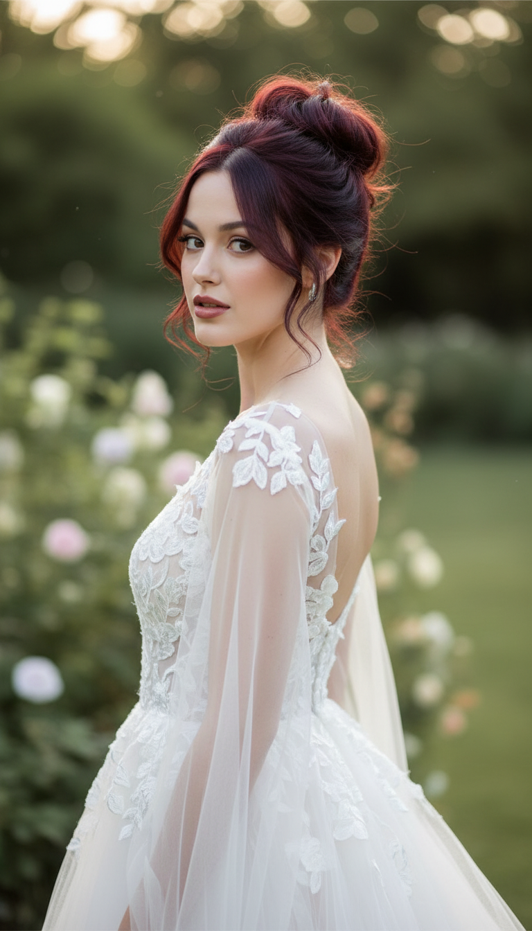 Messy high bun with face-framing layers, 90s inspired bridal updo.