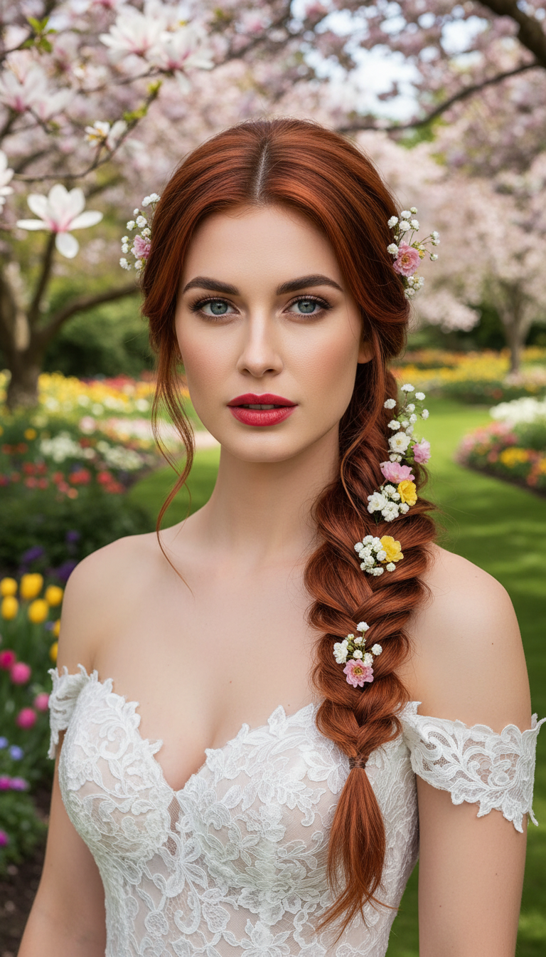 Long fishtail braid interwoven with fresh small flowers, spring garden wedding hair.