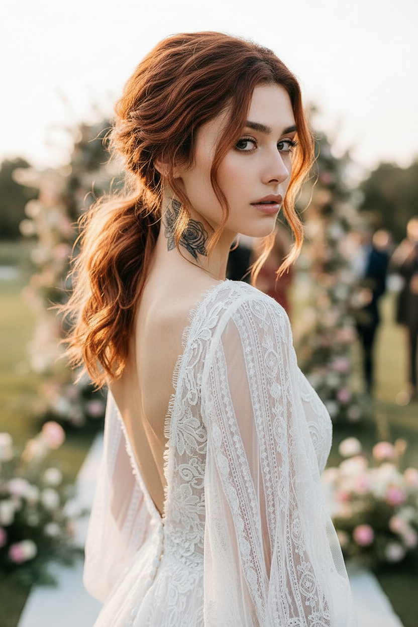 Voluminous textured low ponytail for wedding, boho chic bridal style.