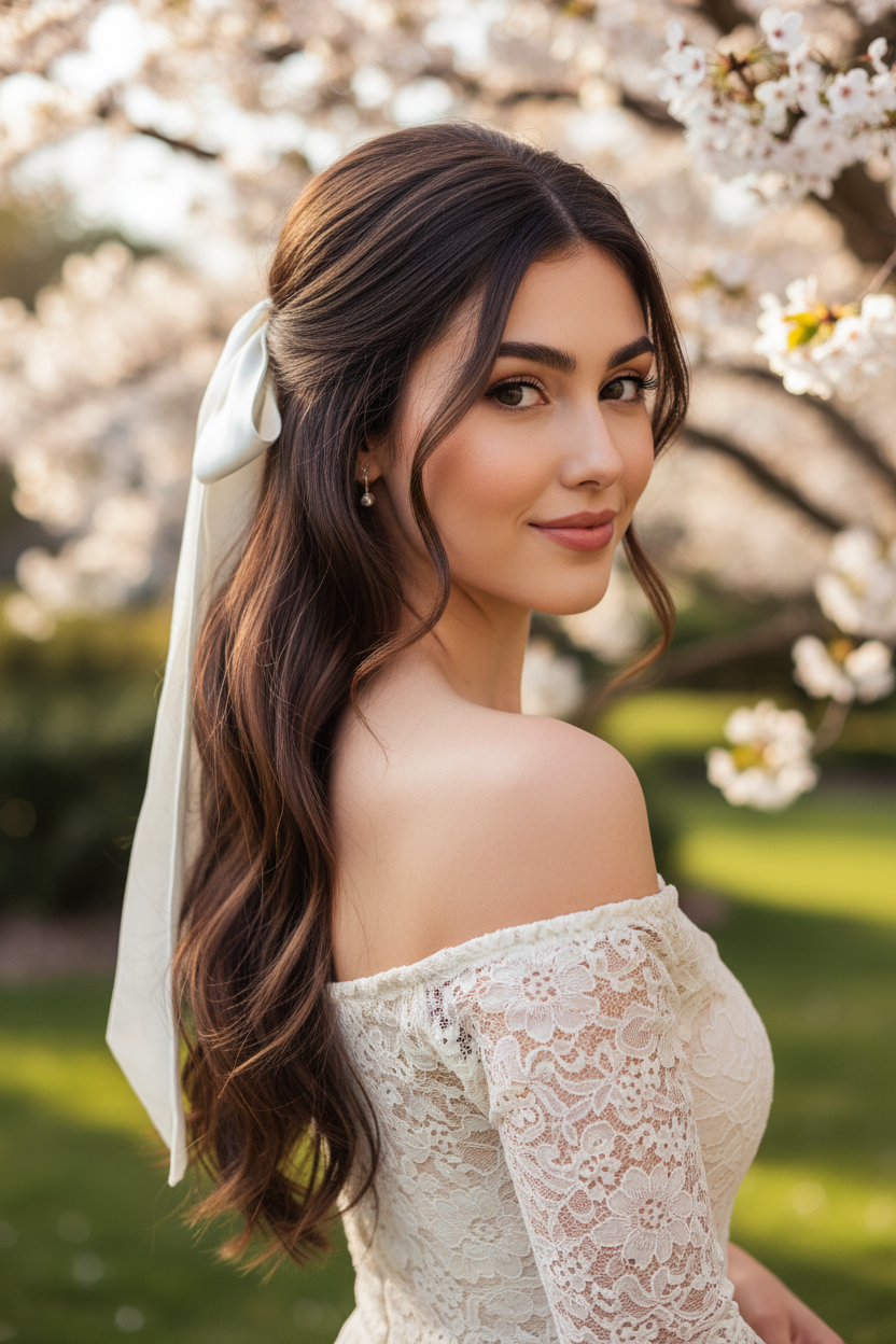 Half-up half-down wedding hairstyle with a large white silk bow, romantic spring look.