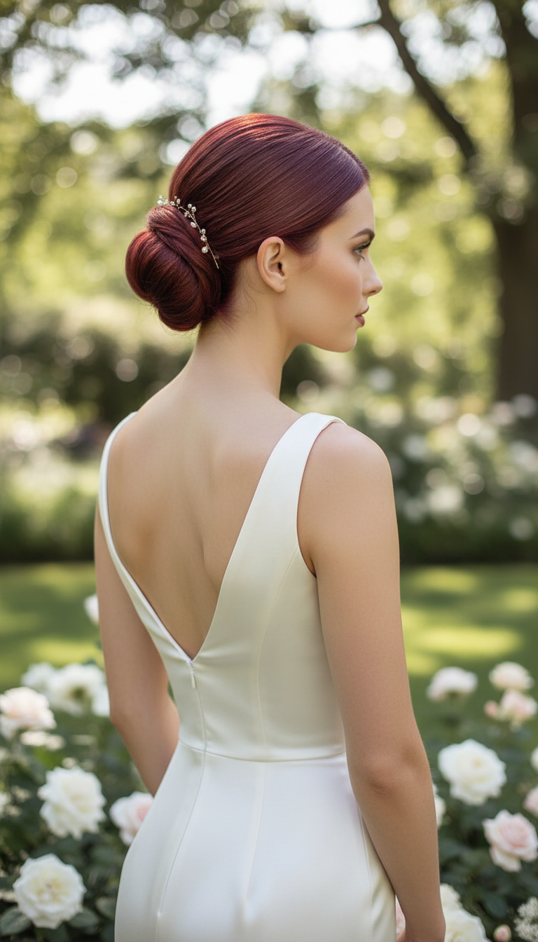 Sleek minimalist bridal bun, clean girl aesthetic wedding hair, back view.