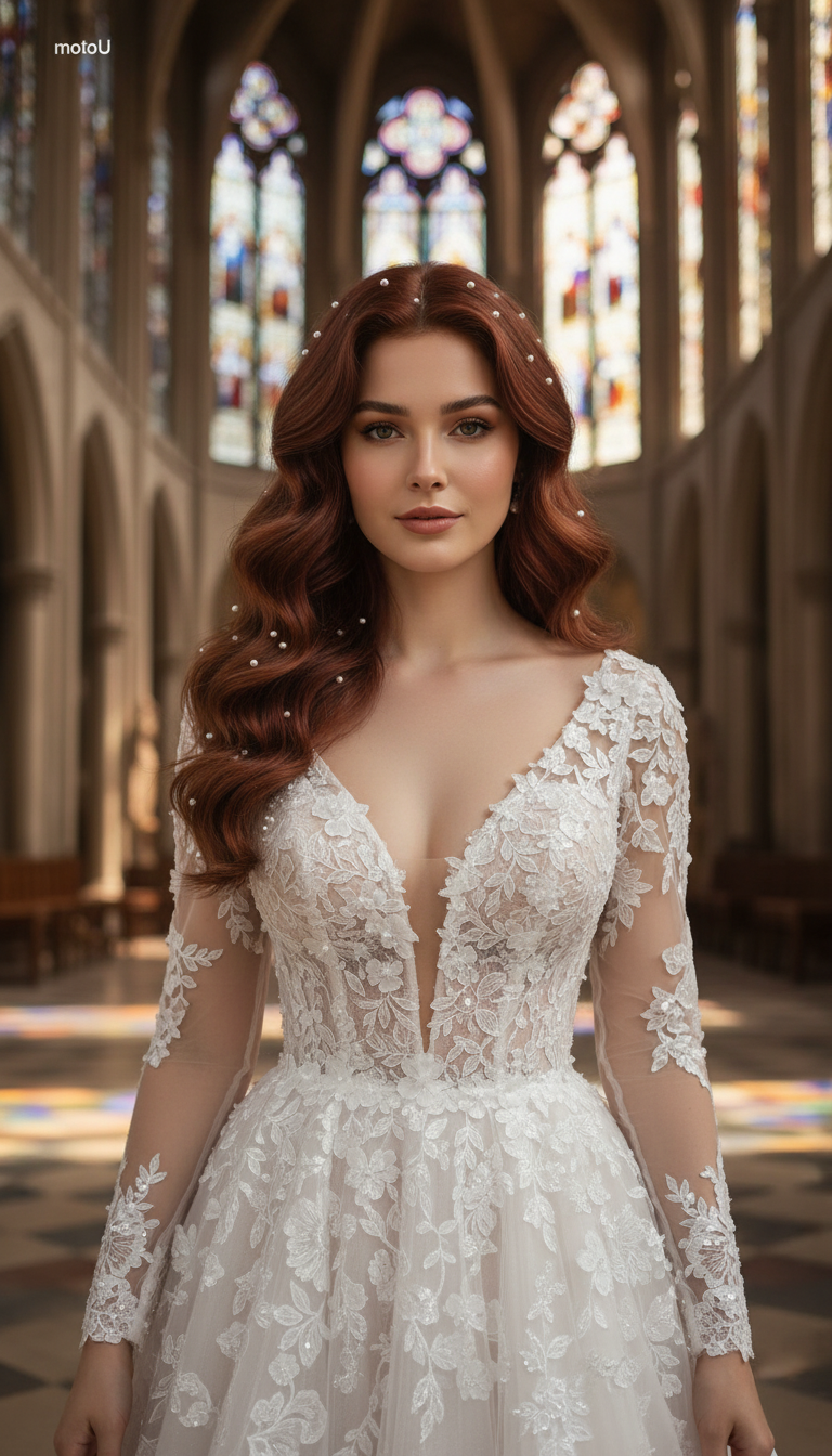 Long bridal wavy hair adorned with scattered small pearls, luxury wedding detail.