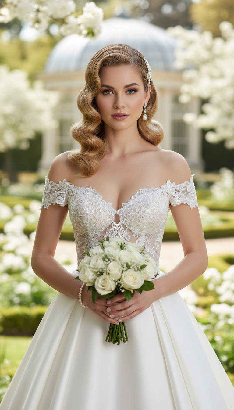 Blonde bride with glossy vintage Hollywood waves, side swept wedding hair.
