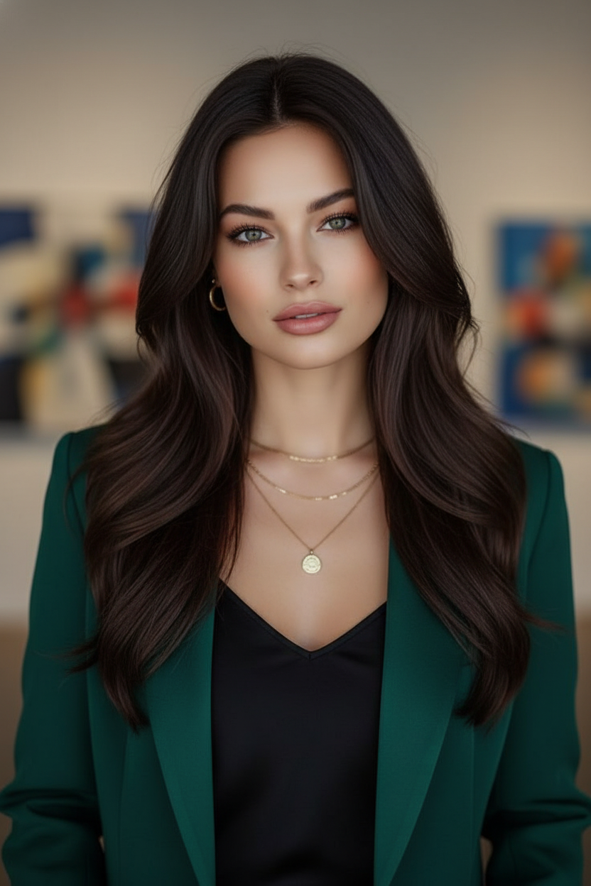 Close up of woman with long hair and face framing layers, soft makeup.