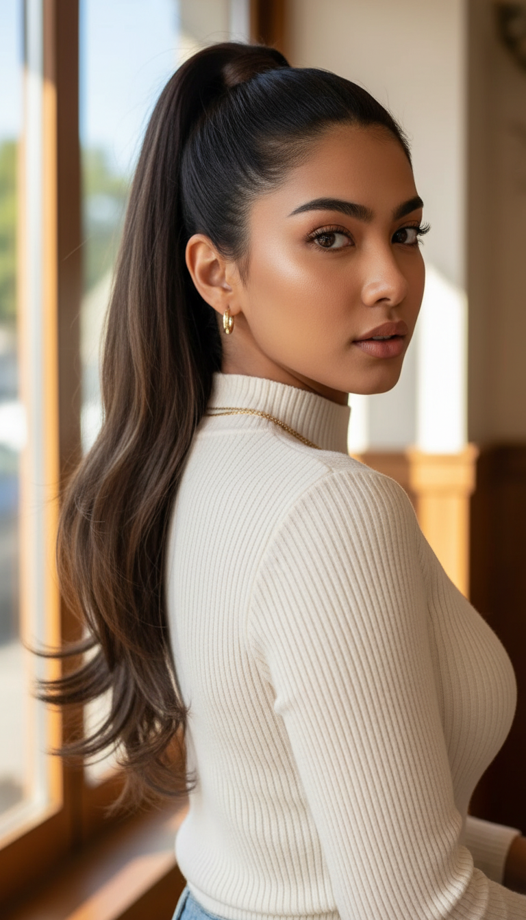 High sleek ponytail with flipped out ends, trendy 2026 hairstyle.