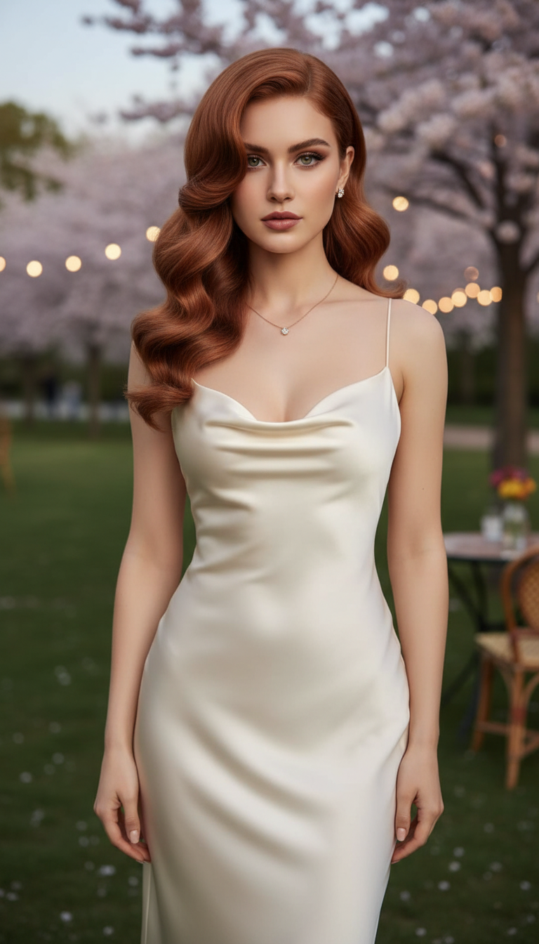 Long glossy hollywood waves swept to one side, formal date night hair.