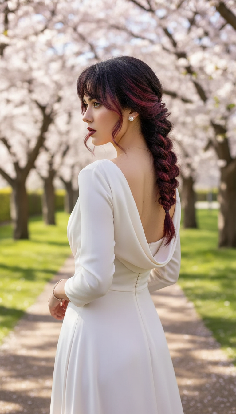 Back view of long hair with a waterfall braid hairstyle, romantic style.
