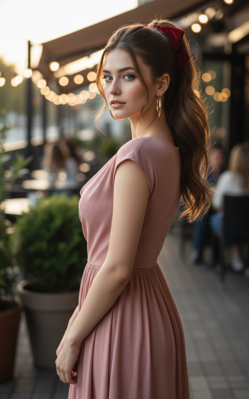 Half-up hairstyle with a red velvet bow accessory, cute Valentine's Day hair.