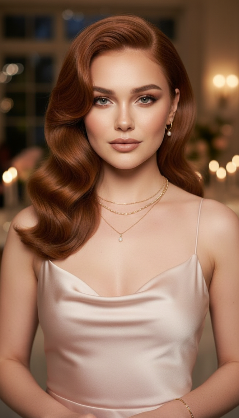 Woman with voluminous 90s blowout hairstyle, romantic date night look.
