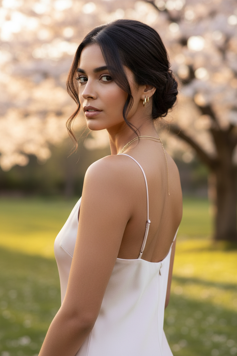 Messy low bun hairstyle with face-framing tendrils, soft romantic lighting.