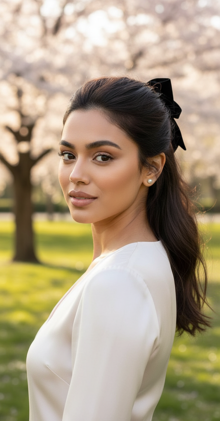 Brunette hair in a half-up half-down style secured with a black velvet bow ribbon.