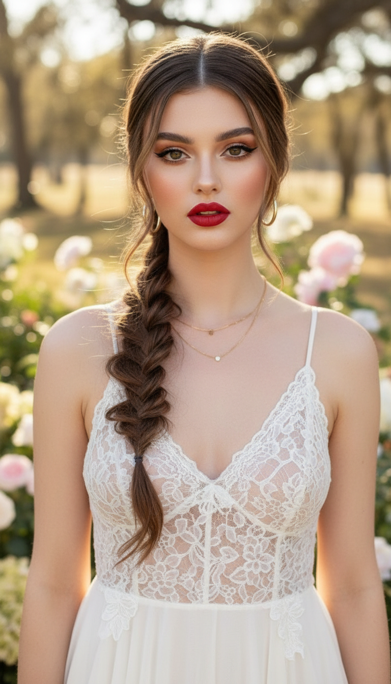 Long textured hair with a loose boho side braid, garden date setting.