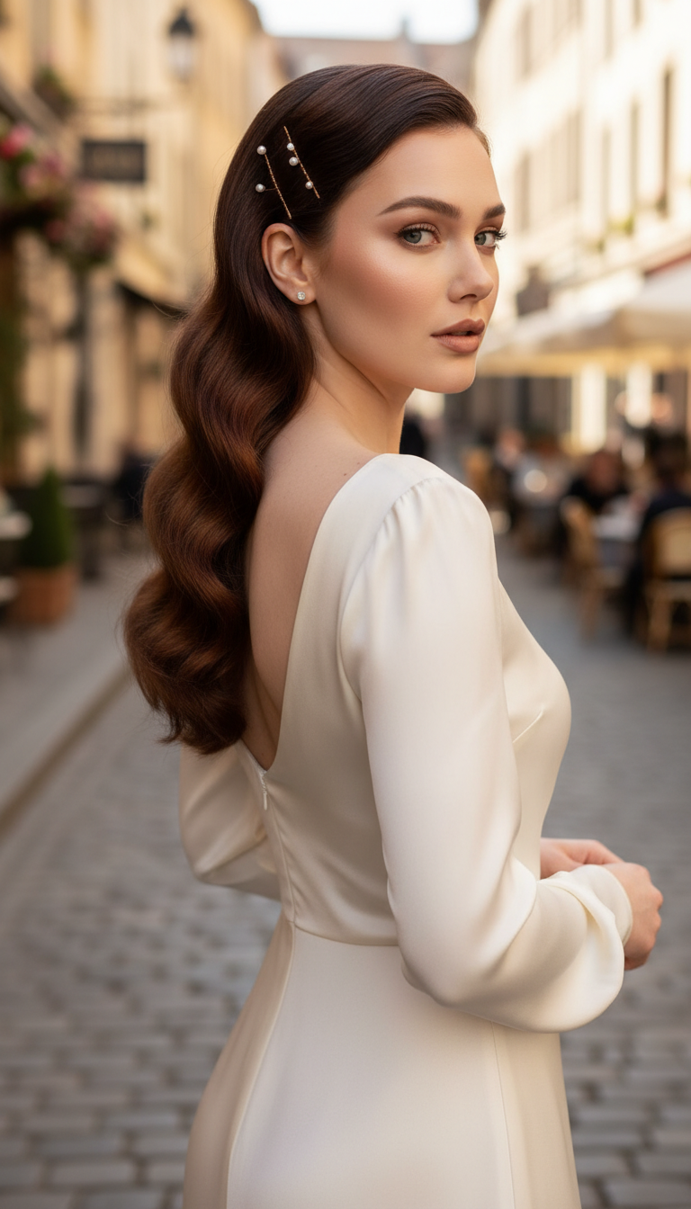 Dark hair styled with scattered pearl hair pins, elegance beauty trend.