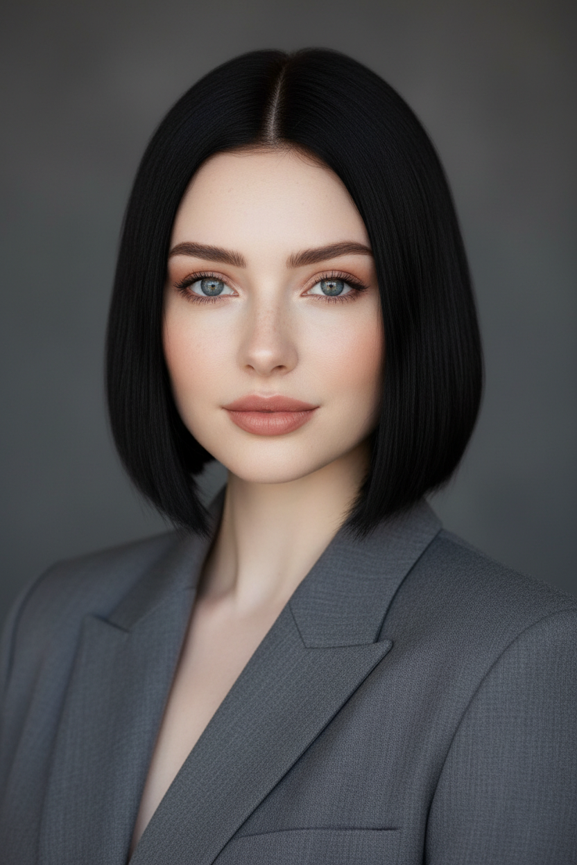 A model with a chin-length, pin-straight blunt bob in jet black, featuring a flawless horizontal edge, wearing a structured grey power blazer with padded shoulders.