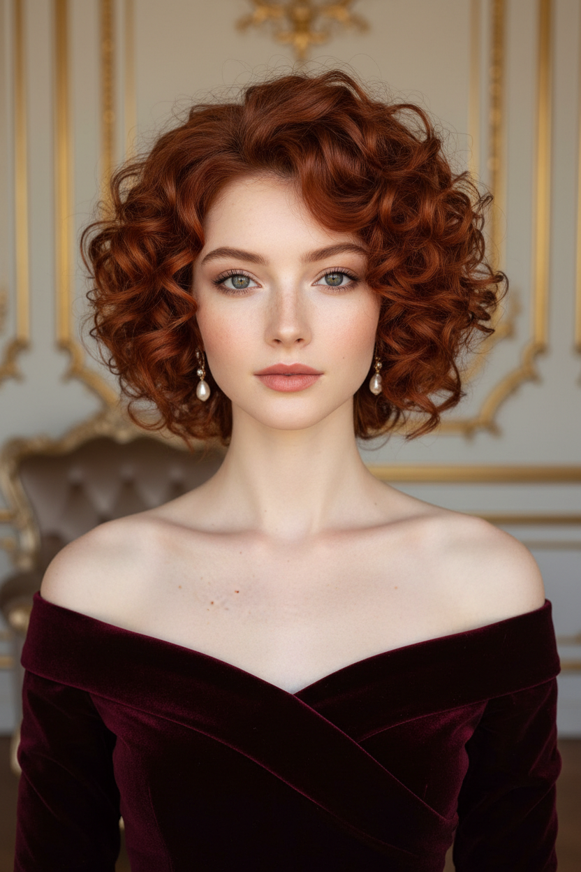 A woman with a voluminous, neck-length bob styled in rich, bouncy Baroque-inspired curls, wearing a deep burgundy velvet off-the-shoulder top.
