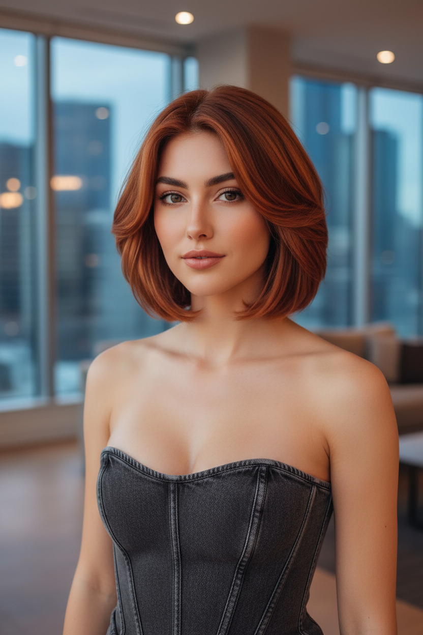 A model with a collarbone-length lob featuring soft, wing-like face-framing layers, wearing a strapless charcoal denim corset.