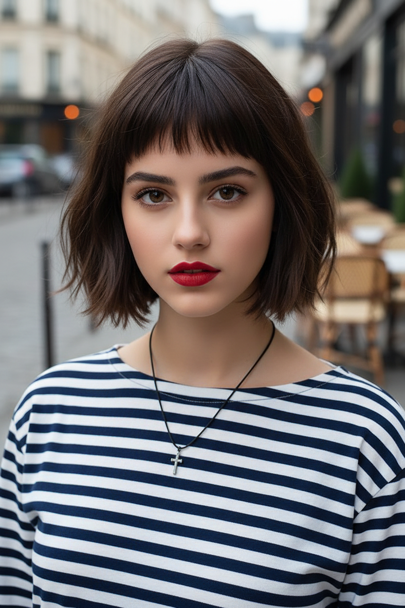 A chin-length textured bob with a short, wispy micro-fringe, wearing a classic Breton striped top and a red lip.