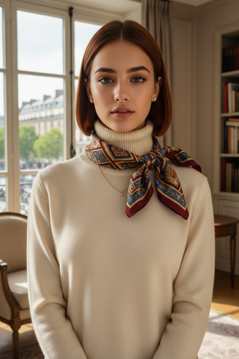 A woman with a sleek bob tucked neatly into a heavy cashmere turtleneck sweater, styled with a silk patterned scarf tied around the neck.