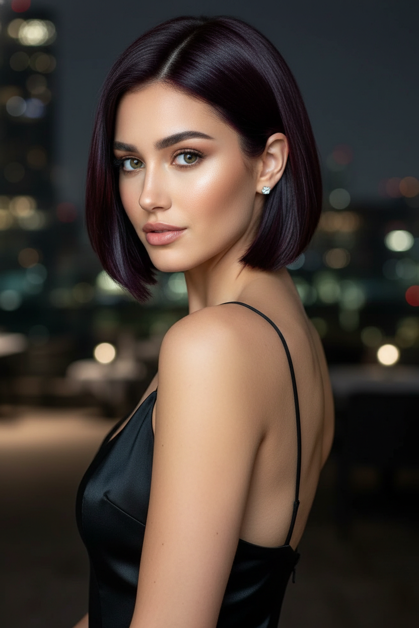 A back view of a woman with a very short bob that exposes the nape of the neck, with a mirror-like shine, wearing a backless black satin dress.