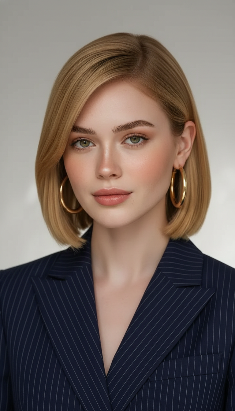 A model with a sleek, deep side-parted lob tucked behind one ear, wearing a pinstripe navy suit and gold hoop earrings.