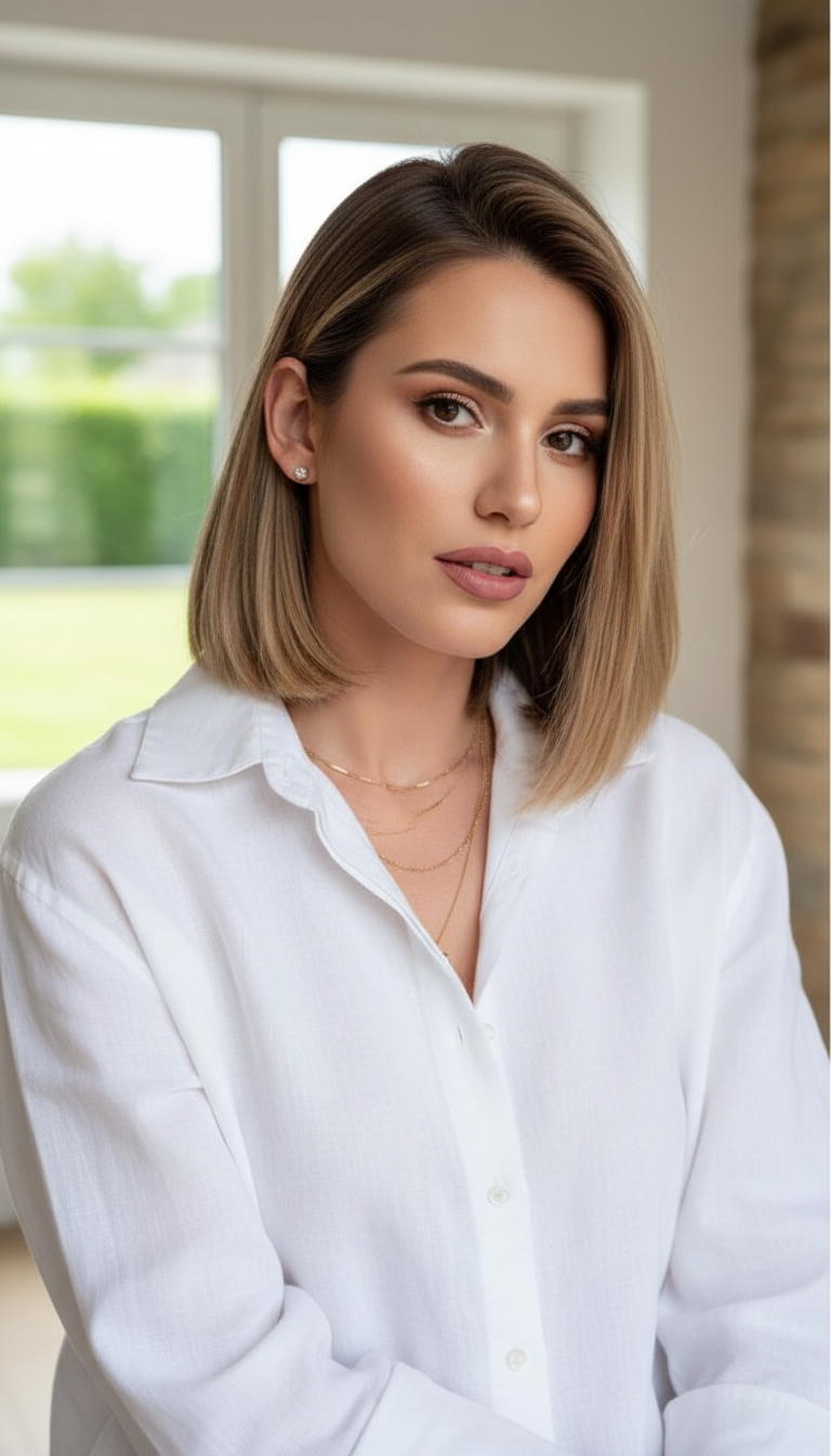 A woman with a shoulder-grazing lob with very soft, thinned-out ends, wearing an oversized crisp white linen shirt.
