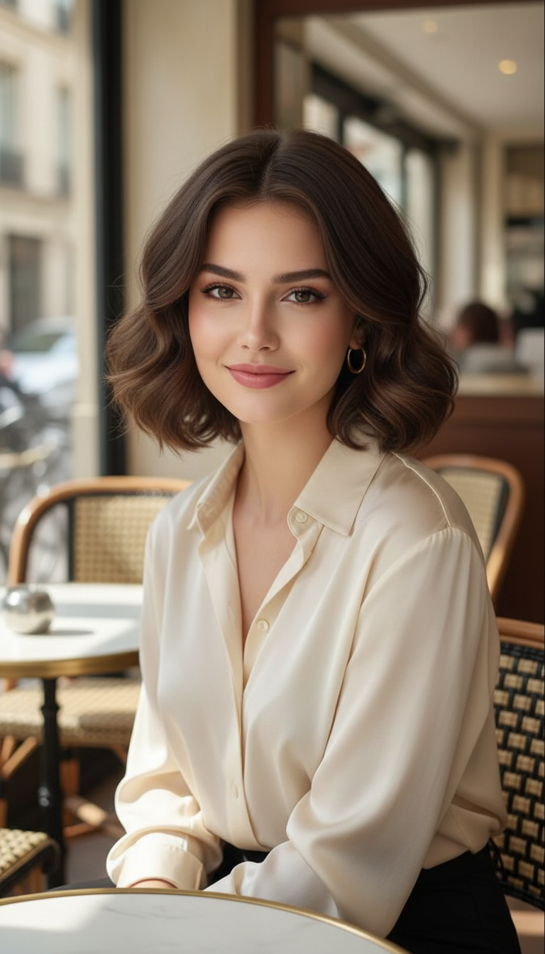 A woman sitting in a Parisian cafe, wearing a cream silk blouse. She has a voluminous chin-length bob in rich mocha brown, styled with curled ends. Soft sunlight background.