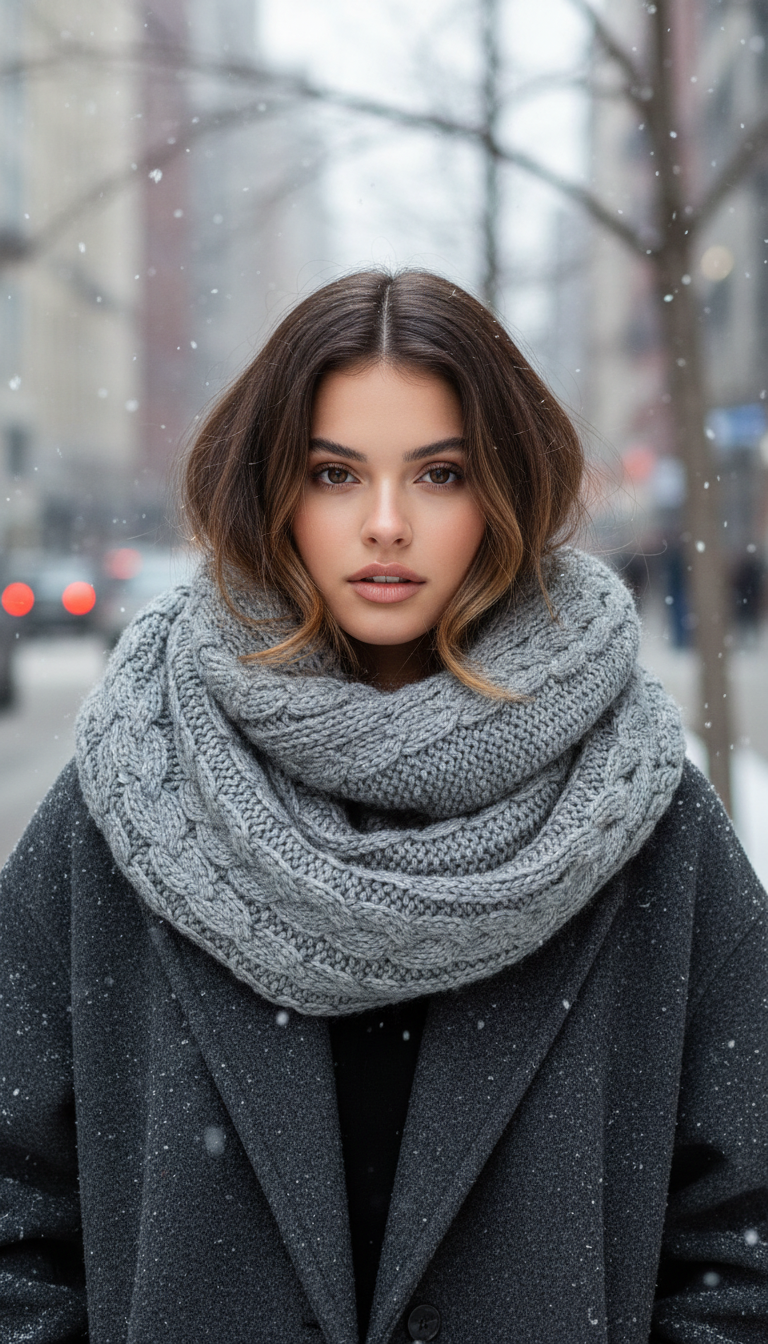 A close-up street style shot. A brunette woman wearing a chunky grey cable-knit scarf. Her hair is loosely tucked into the scarf, creating a messy bob silhouette. Snowy city background.