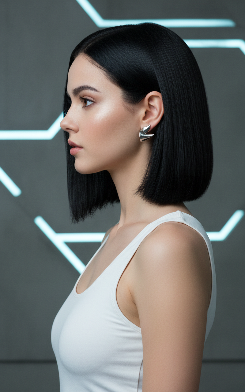 Profile view of a woman with jet-black, pin-straight hair cut bluntly at the jawline. She is wearing a modern silver earring and a white tank top. Futuristic concrete background.