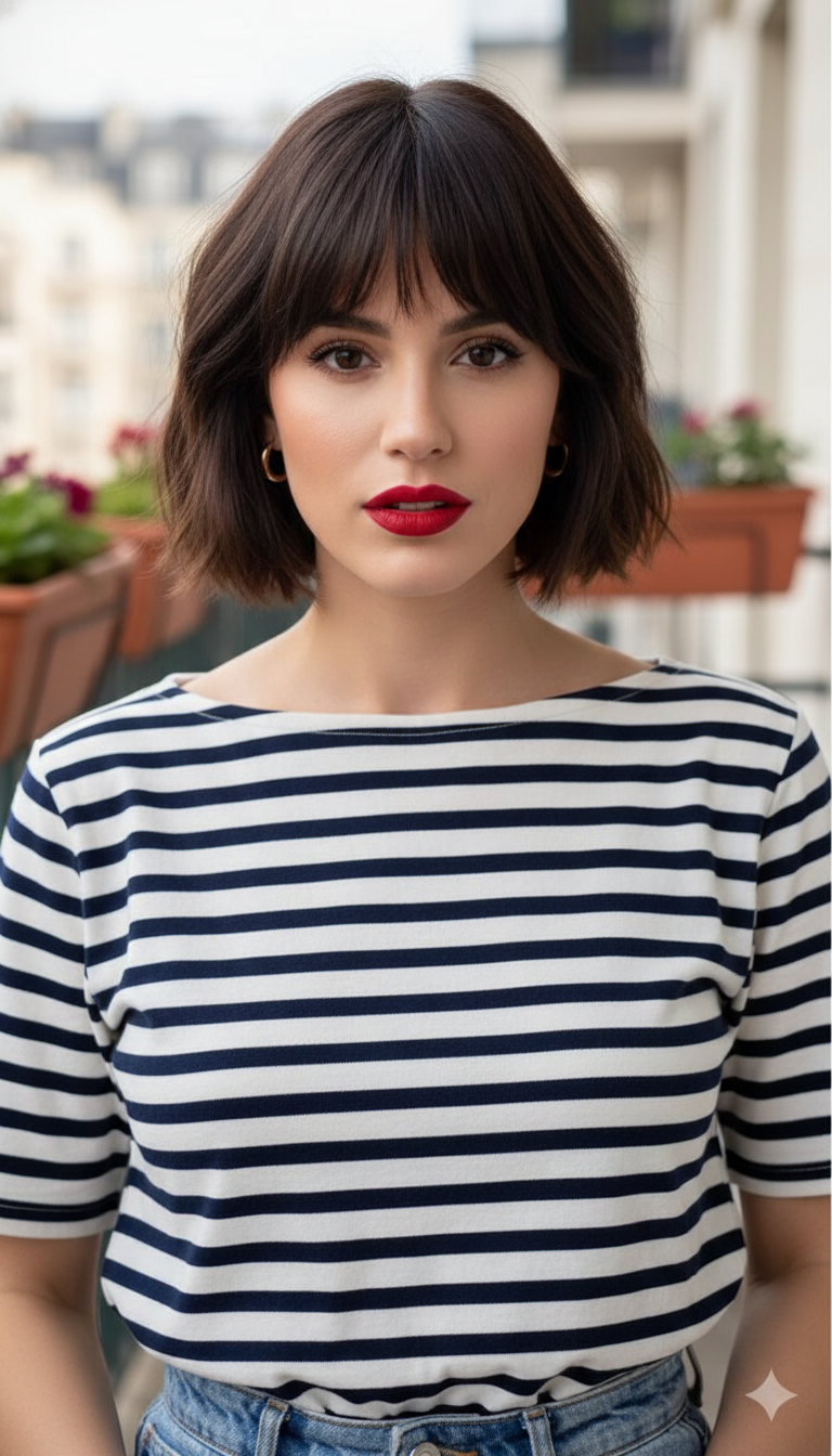 A woman with a cheekbone-length short bob and wispy bangs (fringe). Her hair is natural texture dark brown. She wears a red lip and a striped Breton top. Blurred apartment balcony background.