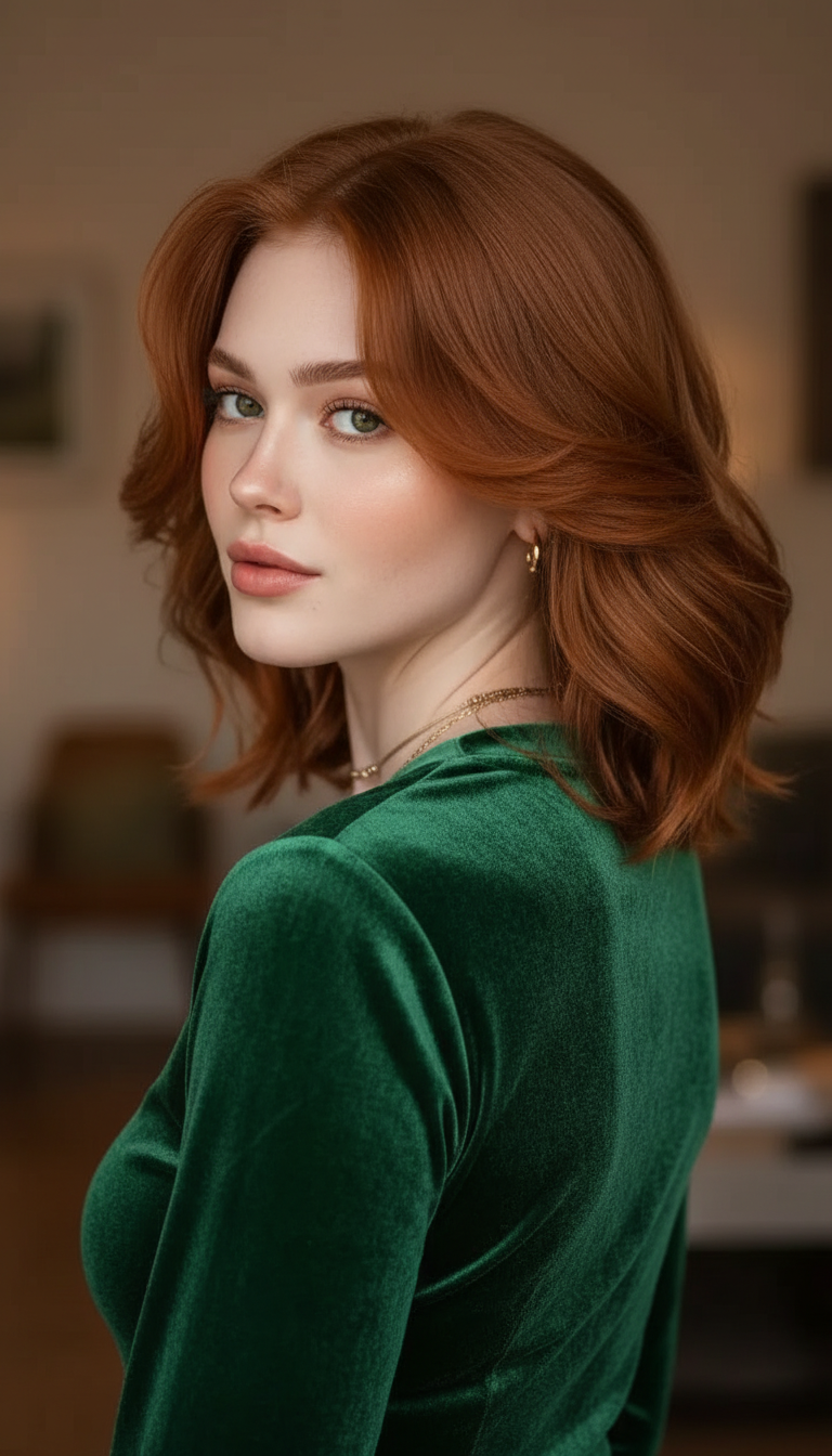 A woman with copper red hair styling a shoulder-length cut with heavy, winged layers pushing away from the face. She wears a green velvet top. Warm indoor lighting.