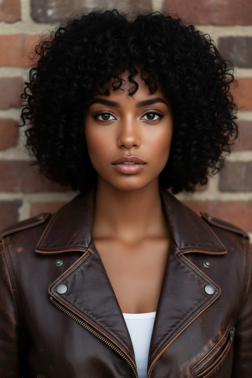 A woman with natural curly hair cut into a rounded bob with fringe. She wears a vintage leather jacket. Urban brick wall background.