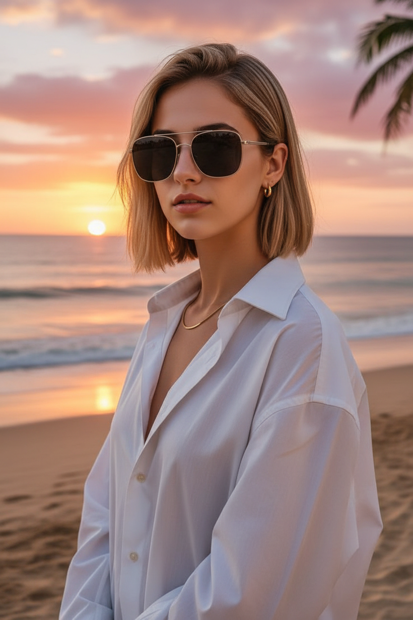 A candid shot of a woman with dirty blonde hair cut in a blocky, square shape mid-neck. She wears an oversized men's shirt and sunglasses. Beach sunset background.
