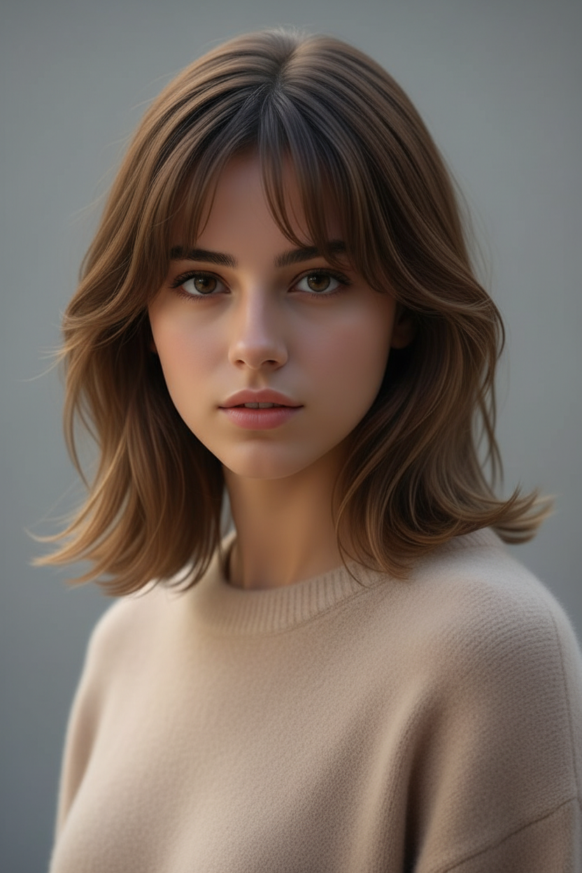 A soft portrait of a woman with an ash-brown collarbone-length cut and see-through bangs. She wears a cozy beige cashmere sweater. Neutral studio background.