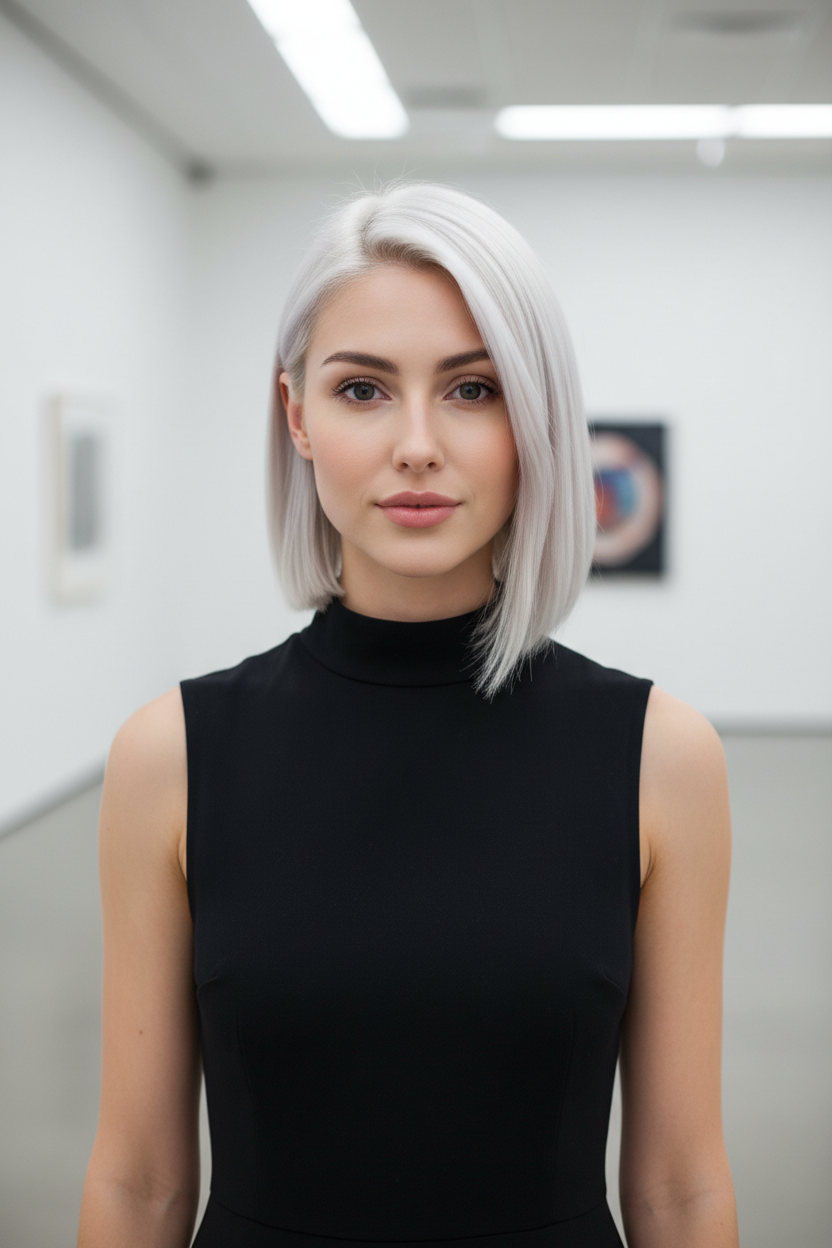 An artistic shot of a woman with platinum blonde hair, one side slightly longer than the other, styled sleek. She wears a black high-neck dress. Minimalist gallery background.