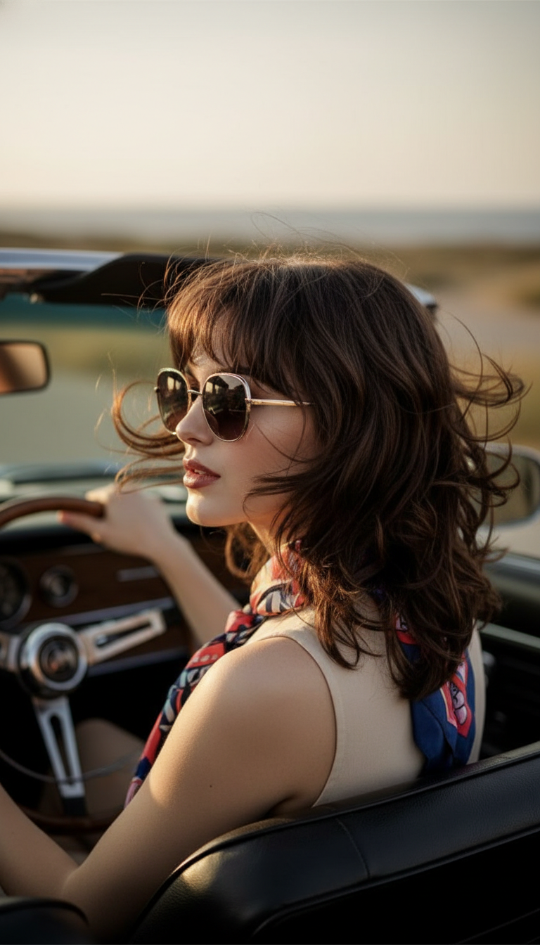 10. Der 70er-Jahre-Shag (Summer Lite Edition) Eine Frau fährt ein Cabriolet (oder sitzt in einem Auto). Ihr mittellanges Haar ist im Shag-Stil geschnitten, mit federleichten Schichten, die im Wind fliegen. Sie trägt eine Retro-Sonnenbrille.
